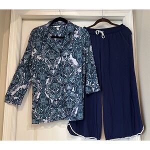 Soma Cool Nights Pajama Set Blue Pasiley Sz Small Top Blue XS Wide Leg Bottoms